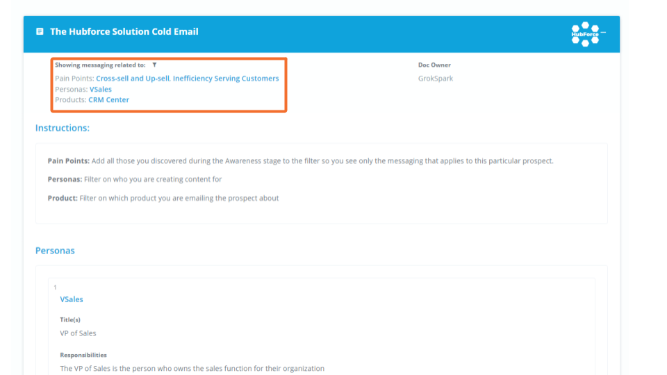 Messaging Doc cold sales email live filters